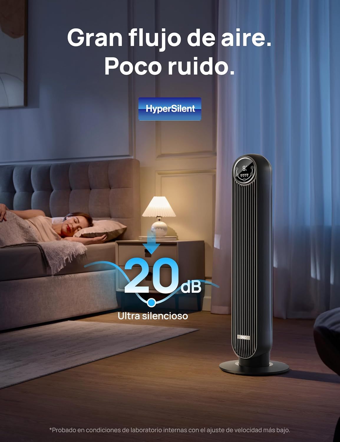 DREO Ventilador de Torre 92cm, 7,6m/s Ventilador Silencioso Habitación, Oscilación 90° Ventilador Portatil con 4 Velocidades y 4 Modos, Temporizador 8H, para Hogar y Oficina, Negro