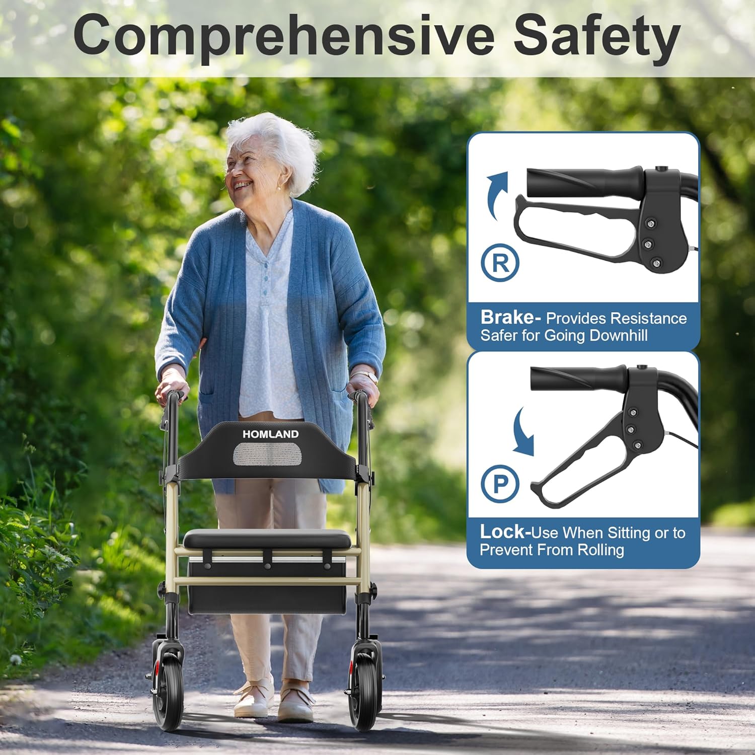HOMLAND - Caminadores plegables con asiento para personas mayores, ruedas grandes de 8 pulgadas, 350 libras. Capacidad de peso, asas ajustables y altura del asiento, ligero caminante, color azul