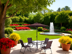 A sunny patio with terracotta tiles, potted plants, and warm afternoon light casting soft shadows