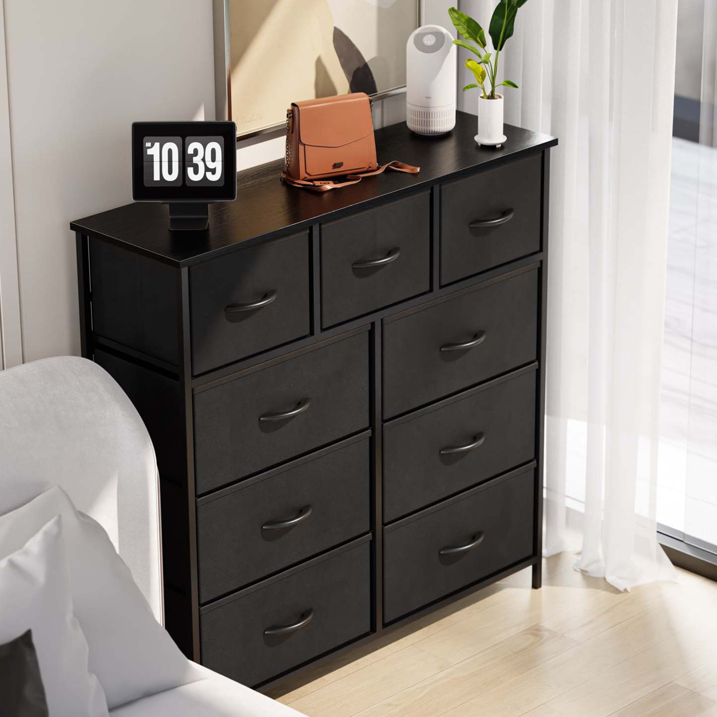 Yanming Cómoda de Tela con 9 cajones, Estructura de Acero y Tapa de Madera para Dormitorio, Armario, Entrada