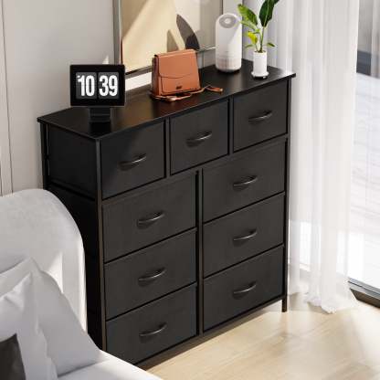 Yanming Cómoda de Tela con 9 cajones, Estructura de Acero y Tapa de Madera para Dormitorio, Armario, Entrada
