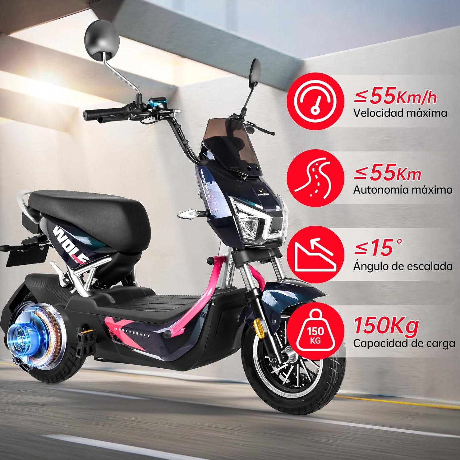 HONEYWHALE ZL-Wolf Bicicleta Electrica para Adultos, Bicimoto Eléctrica con Alarma, Máxima del Motor 1200W, Velocidad Máxima 55KM/H, Autonomía 50-55KM, Batería (72V, 20AH), Emite 7 Colores de luz