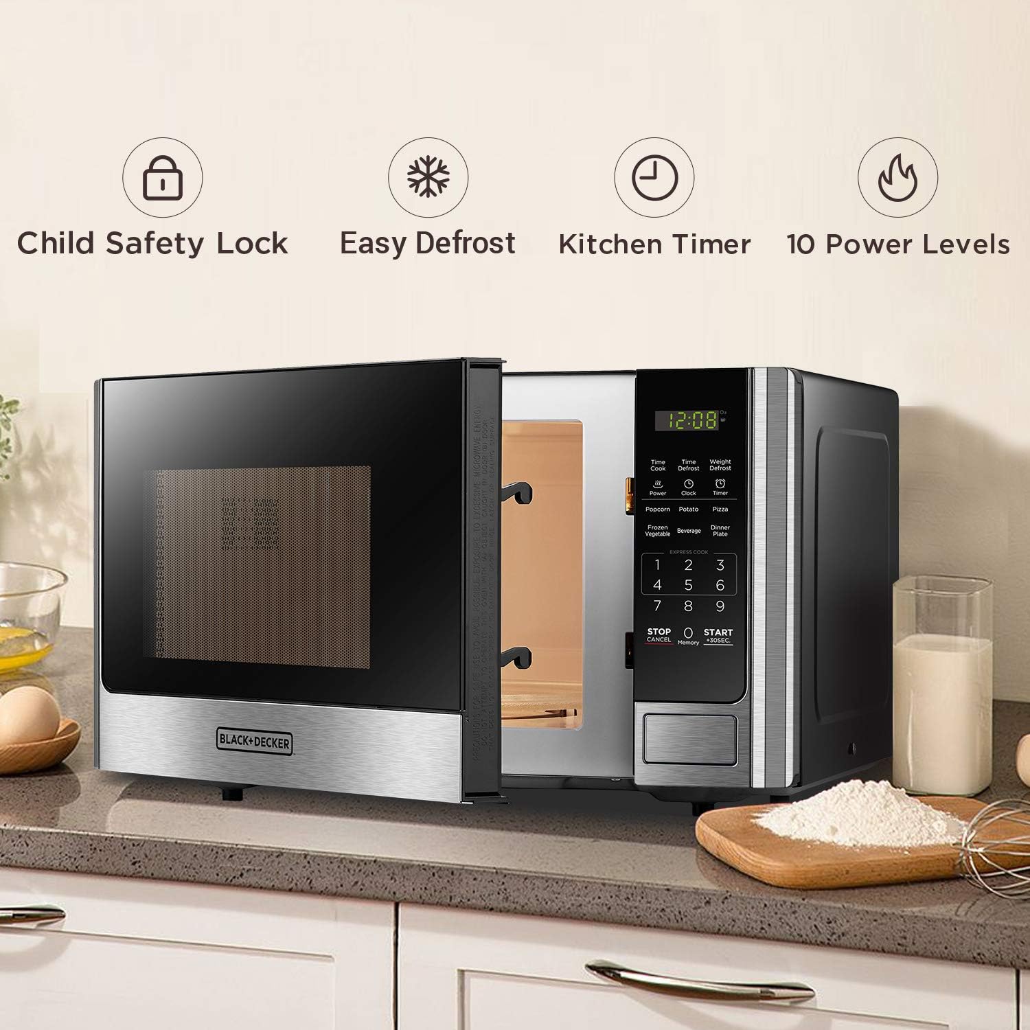 BLACK+DECKER EM720CB7 - Horno de microondas digital con puerta giratoria con botón pulsador, cerradura de seguridad infantil, 700 W, acero inoxidable, 0.7 pies cúbicos