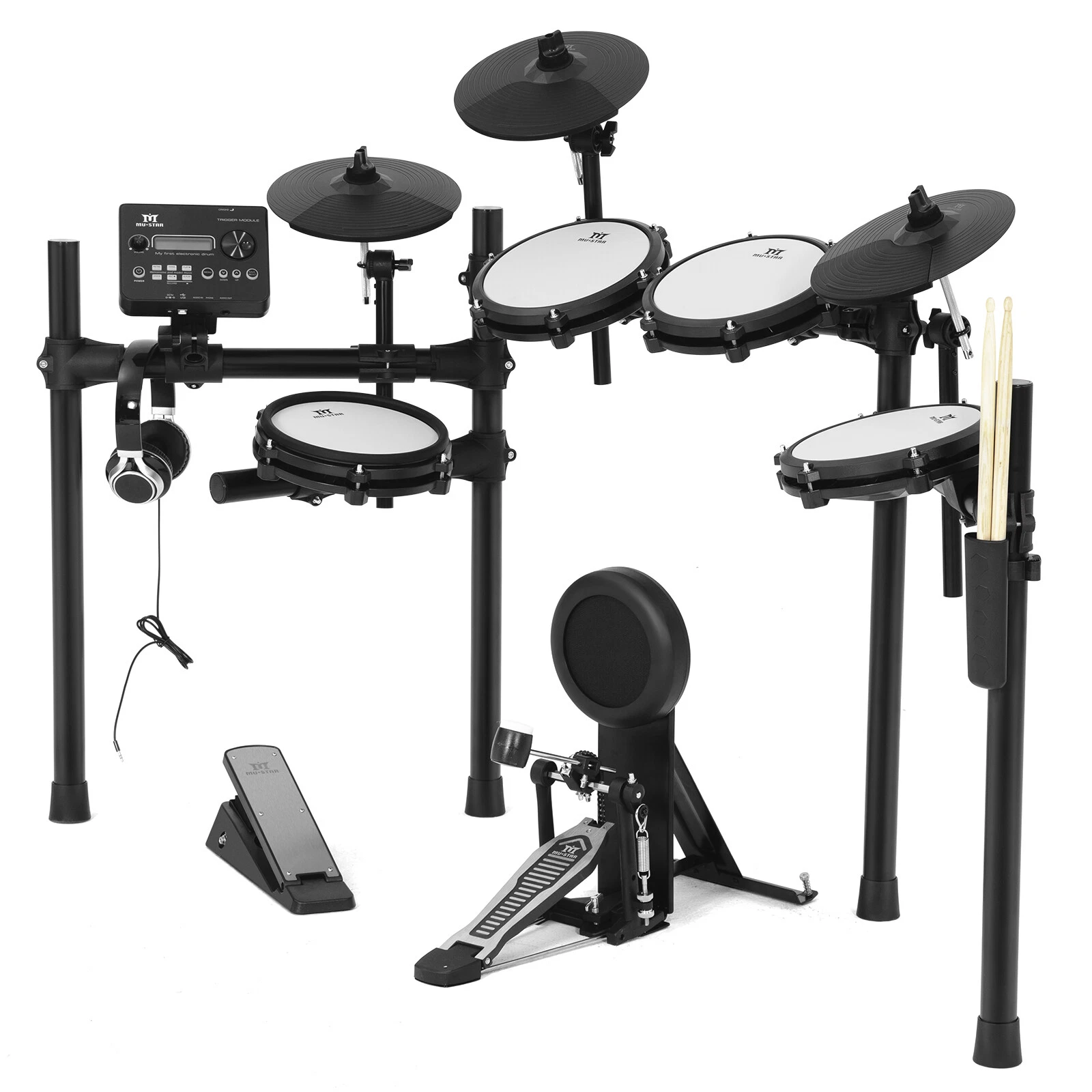Juego de batería eléctrica almohadillas de malla caja de doble zona con USB MIDI, 2 pedales, auriculares