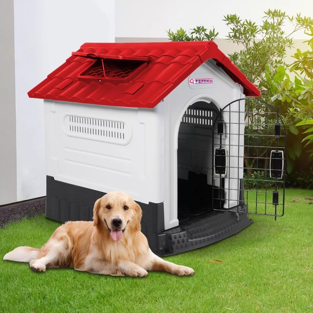 Q PERRON Casa para Perros Grande de Plástico con Puerta Métalica de 105 X 88 X 100 Cm. Amplia, Térmica, Impermeable con Ventilación, Piso Elevado, Fácil de Limpiar y Armar, Plegable.