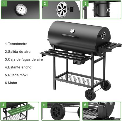 MXLENOBLE Asador de Carbon con Rotación Eléctrica,MXLENOBLE Parrilla de Carbón con temperatura controlada en Forma de Barril (Rotación-Grande - horno individual)