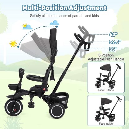 Babevy - Triciclo para bebé, 7 en 1, Plegable con Mango de Empuje Ajustable extraíble, toldo, Asiento Giratorio, arnés de Seguridad, portavasos y Almacenamiento, Triciclo para niños de 1 a 5 años