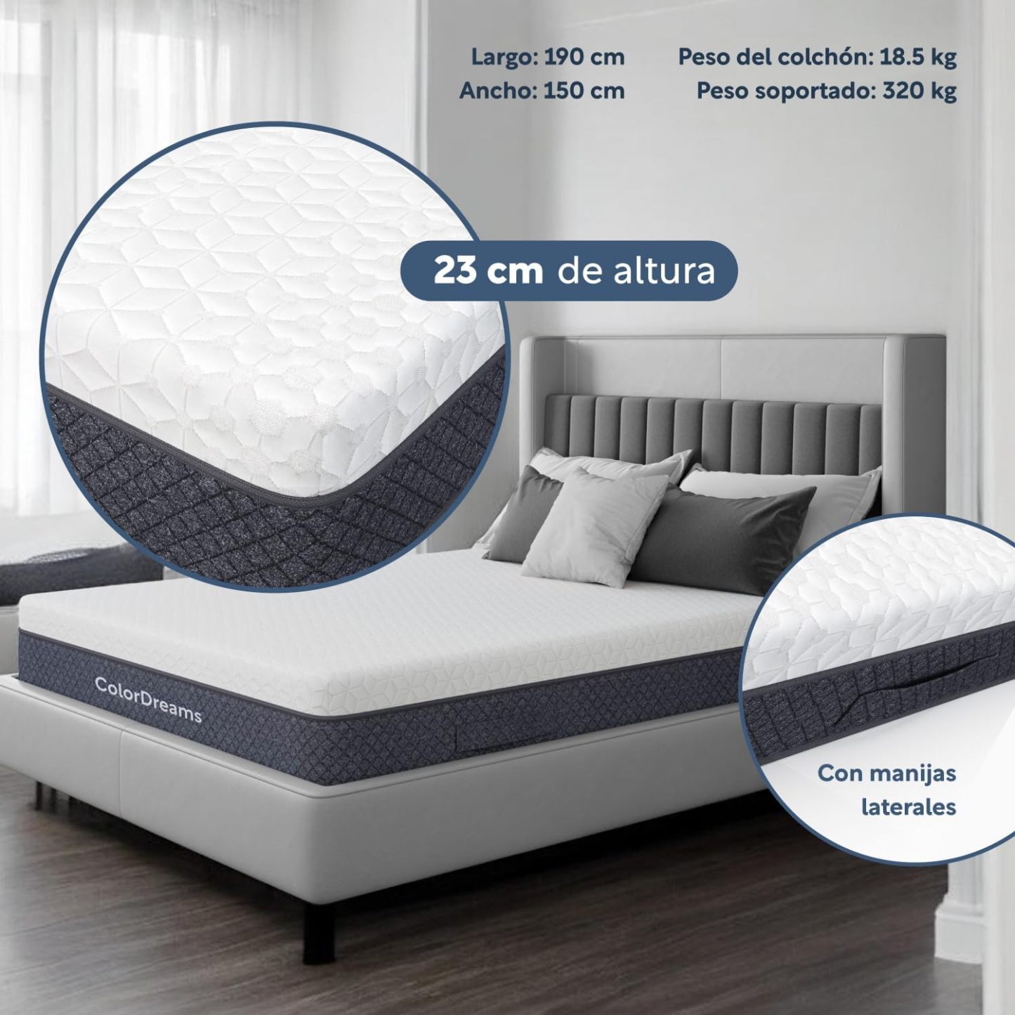 COLORDREAMS | Colchón en Caja Matrimonial Memory – 135x190x23 cm - 6 Capas de Espuma de Alta Densidad – Manijas Reforzadas – Firmeza Justa – Hipoalergénico