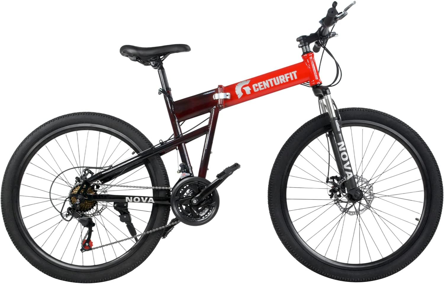 CENTURFIT Bicicleta de Montaña Rodada 26 con 21 Velocidades Frenos de Disco en Las 2 Llantas Plegable Manubrio Plegable Amortiguadores Soporta hasta 120 Kg Bici de Montaña para Hombre Mujer Roja