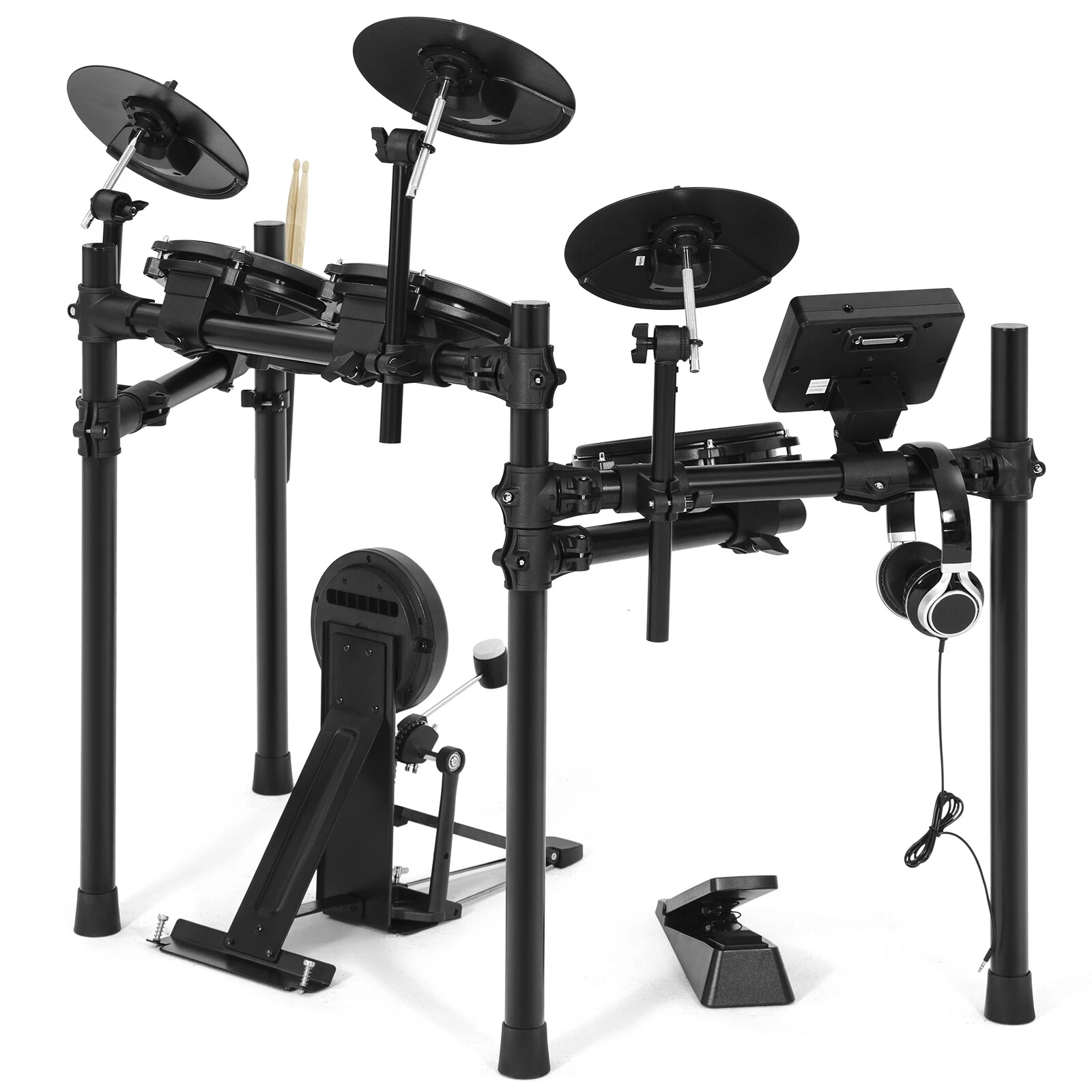 Juego de batería eléctrica almohadillas de malla caja de doble zona con USB MIDI, 2 pedales, auriculares