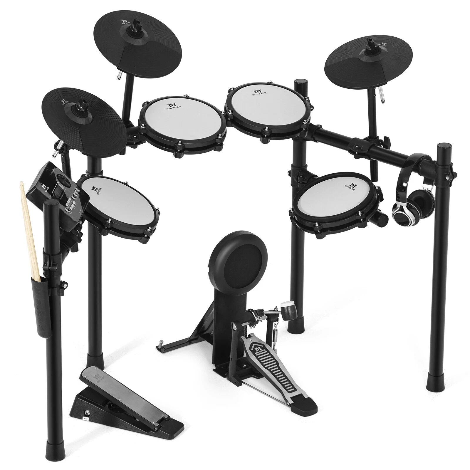 Juego de batería eléctrica almohadillas de malla caja de doble zona con USB MIDI, 2 pedales, auriculares