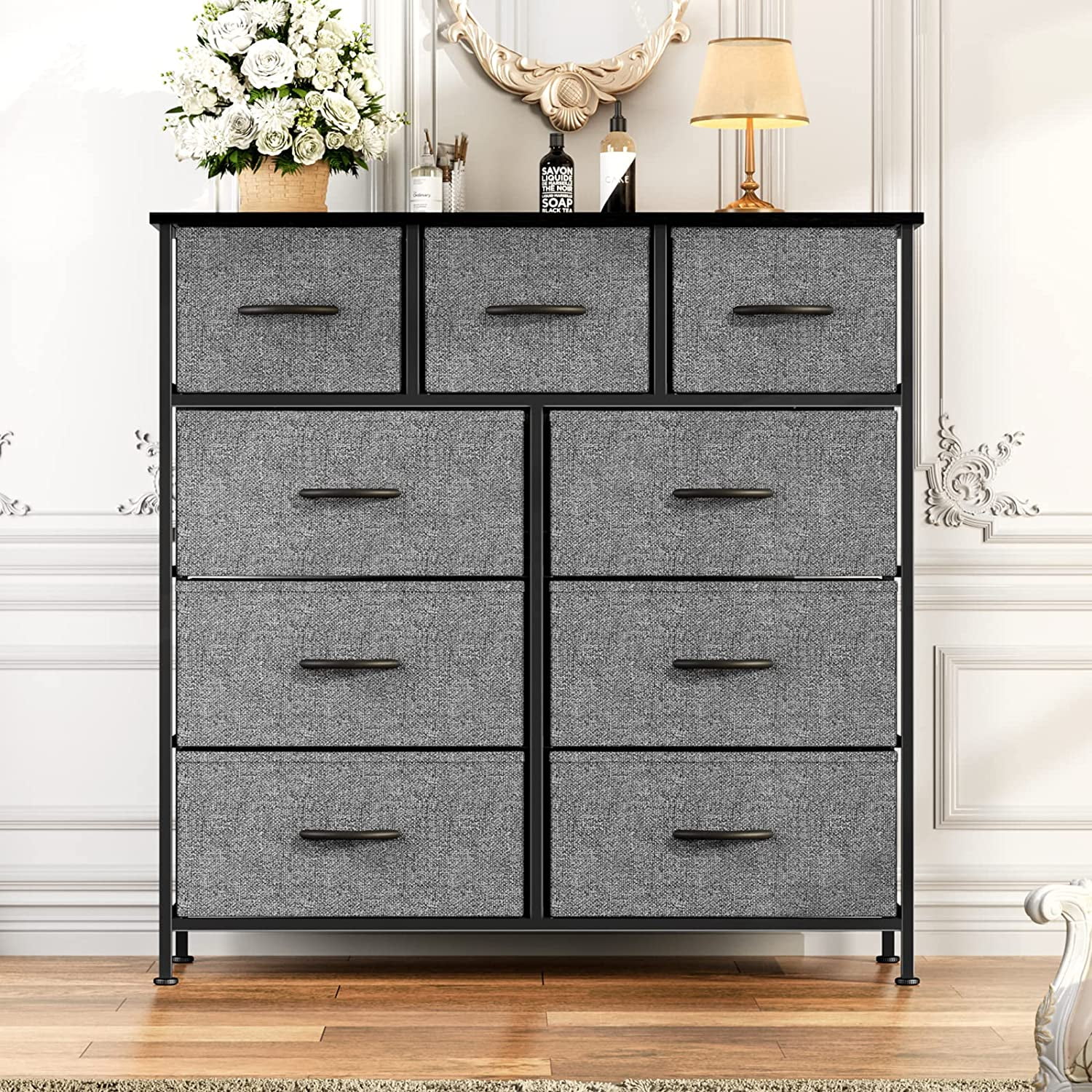 Yanming Cómoda de Tela con 9 cajones, Estructura de Acero y Tapa de Madera para Dormitorio, Armario, Entrada