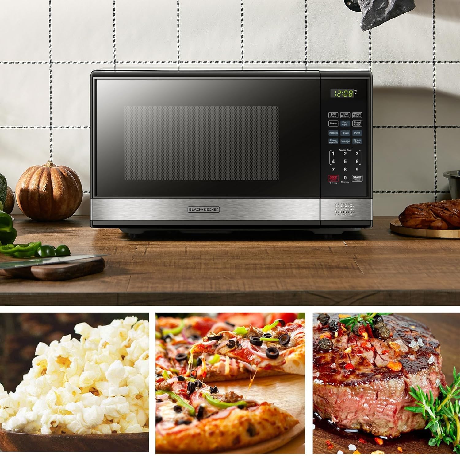BLACK+DECKER EM720CB7 - Horno de microondas digital con puerta giratoria con botón pulsador, cerradura de seguridad infantil, 700 W, acero inoxidable, 0.7 pies cúbicos