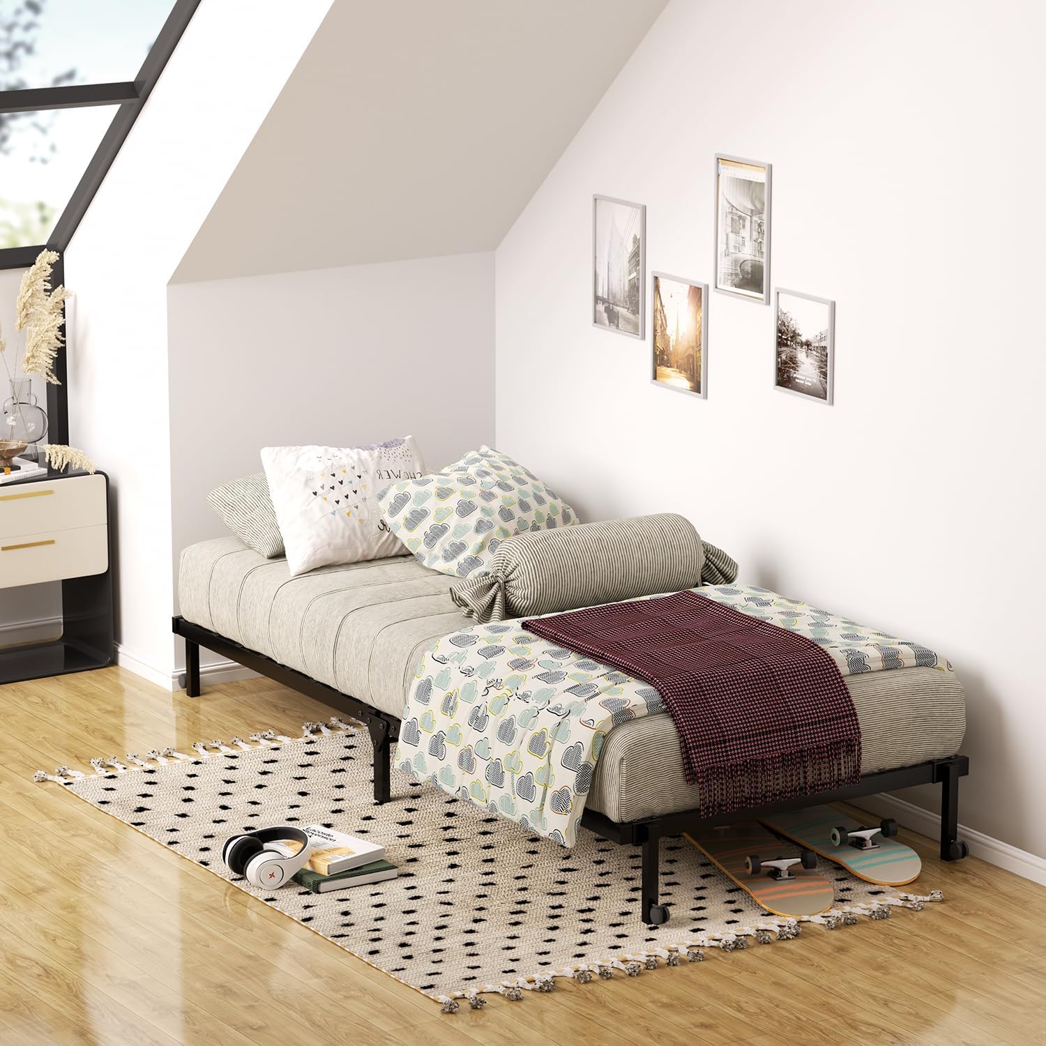 HOMEMAKE FURNITURE Marco de Cama de Metal, Cama Individual Plegable, Somier Individual Base de Cama, No Necesita Somier, Ahorra Espacio Almacenamiento, Negro