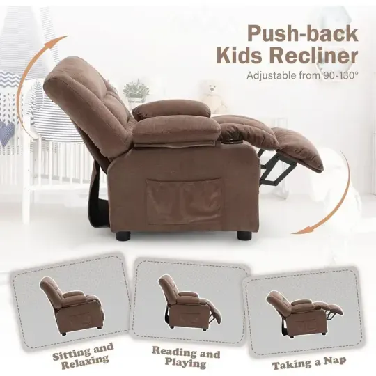 Silla reclinable para niños, sillón reclinable para niños pequeños con portavasos y bolsillos laterales, reposapiés y reposacabezas ajustables, sofá para niños para niños y niñas de 3 años en adelante