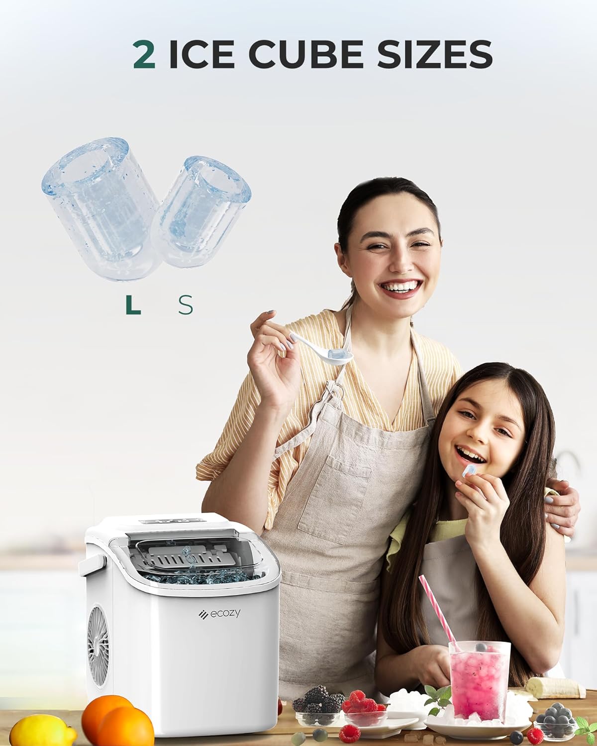 ecozy Maquina de Hielo - 9 Cubos de Hielo en 6 Minutos Ice Maker, Producción Diaria de 26 lbs, Autolimpieza con Bolsas de Hielo, Cuchara y Canasta para Cocina, Oficina, Bar, Fiesta - Negra