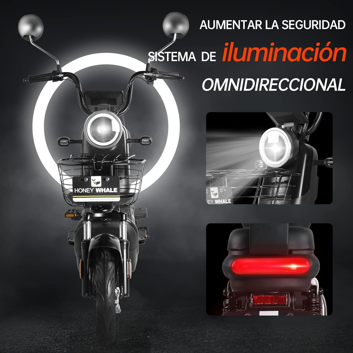 HONEYWHALE U3s Bicicleta eléctrica para adultos, bicicleta eléctrica con alarma, motor máximo 650W, velocidad máxima 31KM/H, autónoma 55-60KM, batería de gran capacidad 20AH, dos asientos----luces de coche