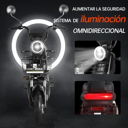 HONEYWHALE U3s Bicicleta eléctrica para adultos, bicicleta eléctrica con alarma, motor máximo 650W, velocidad máxima 31KM/H, autónoma 55-60KM, batería de gran capacidad 20AH, dos asientos----luces de coche