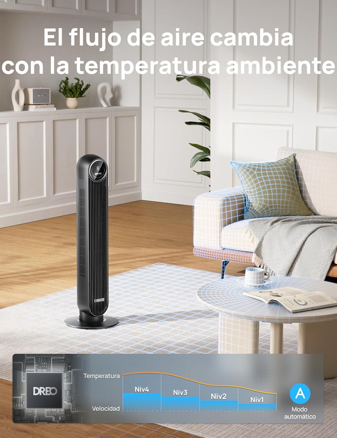 DREO Ventilador de Torre 92cm, 7,6m/s Ventilador Silencioso Habitación, Oscilación 90° Ventilador Portatil con 4 Velocidades y 4 Modos, Temporizador 8H, para Hogar y Oficina, Negro