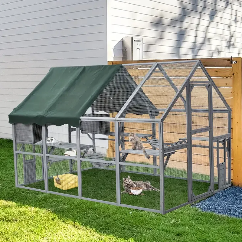 Gallinero de 110" para gatos, recinto grande para gatos, jaula de madera para gatos, conejera para conejos, casa para gatitos al aire libre con puentes, paseos, casitas, cubierta de techo.