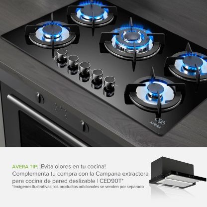 AVERA Parrilla de Gas Premium de 5 Quemadores, Vidrio Templado Negro 77cm (Incluye accesorios) Empotrable, Encendido Electronico, Perillas Metalicas, Estufa Empotrable, para Gas LP y Natural, VT5