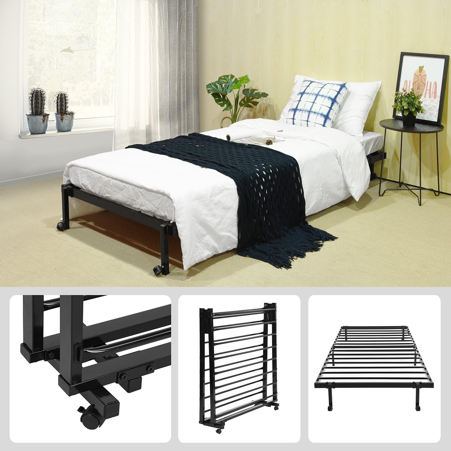 HOMEMAKE FURNITURE Marco de Cama de Metal, Cama Individual Plegable, Somier Individual Base de Cama, No Necesita Somier, Ahorra Espacio Almacenamiento, Negro