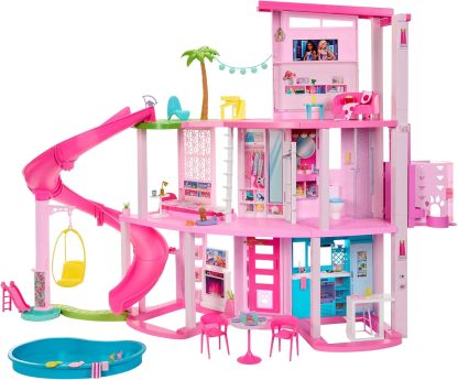 Barbie, Casa de Muñecas, Nueva Casa de los Sueños, para Niñas de 3 Años en Adelante, Mattel, Incluye tobogán y diseño en Espiral de Tres Pisos, Espacios 360° para un Juego más Realista