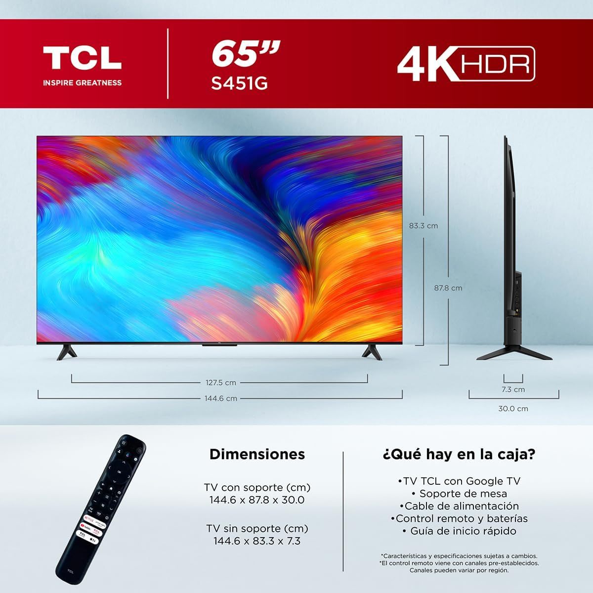 TCL Smart TV Pantalla 55" 55S451G Google TV 4K UHD Ultra HD | HDR 10 | 270 NITS 60 Hz | Dolby Audio Digital + | Compatible con Alexa