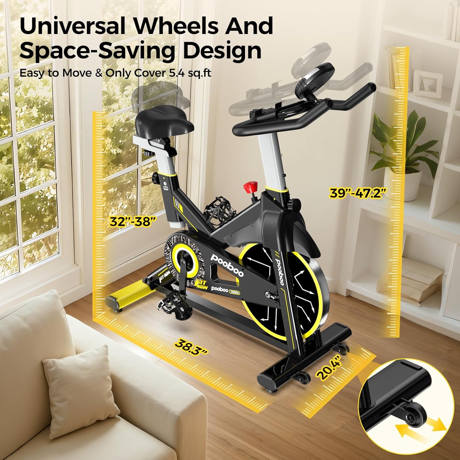 Pooboo - Bicicleta estática ajustable, magnética/almohadilla de freno, silenciosa transmisión por correa, bicicleta de ciclismo interior para el hogar, cardio, bicicleta estacionaria de fitness con