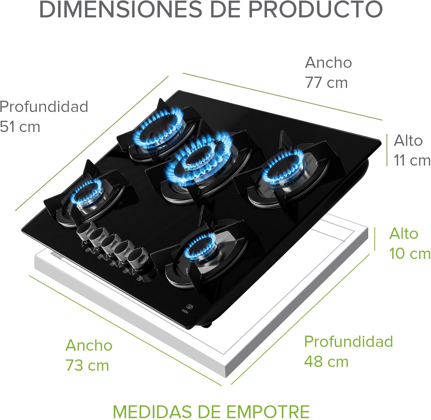 AVERA Parrilla de Gas Premium de 5 Quemadores, Vidrio Templado Negro 77cm (Incluye accesorios) Empotrable, Encendido Electronico, Perillas Metalicas, Estufa Empotrable, para Gas LP y Natural, VT5