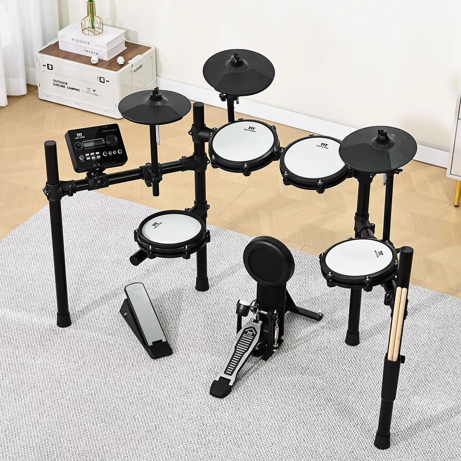 Juego de batería eléctrica almohadillas de malla caja de doble zona con USB MIDI, 2 pedales, auriculares