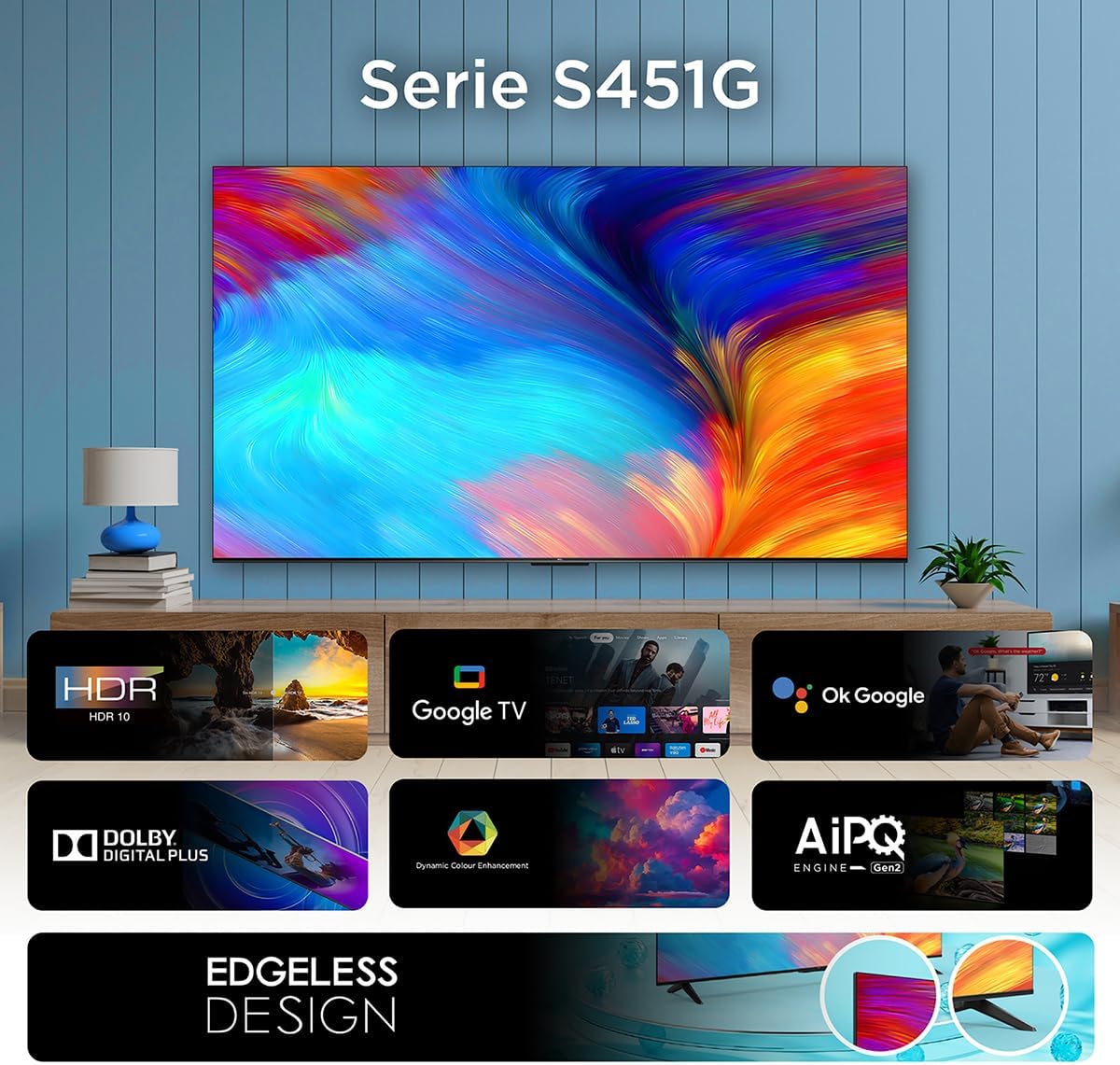TCL Smart TV Pantalla 55" 55S451G Google TV 4K UHD Ultra HD | HDR 10 | 270 NITS 60 Hz | Dolby Audio Digital + | Compatible con Alexa