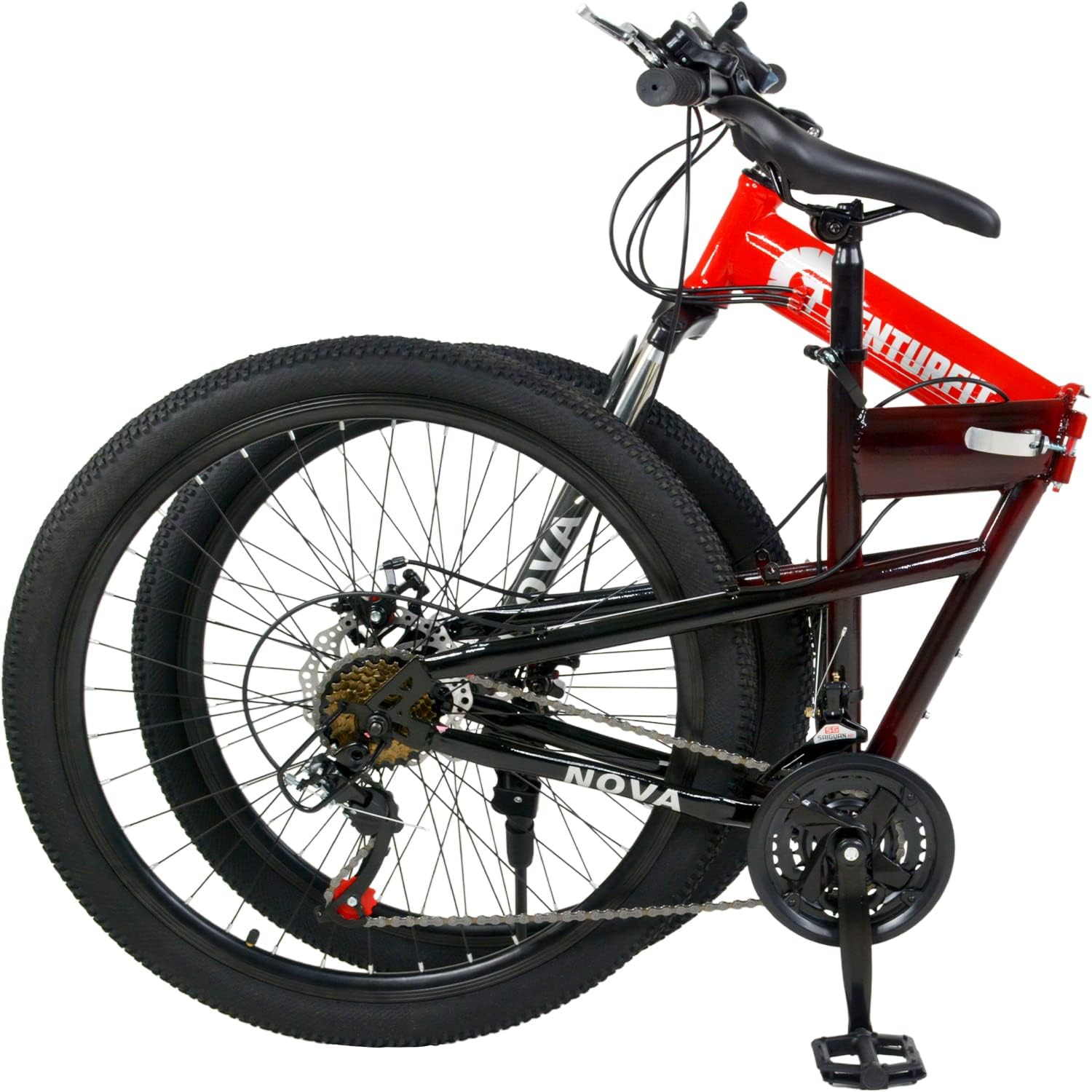 CENTURFIT Bicicleta de Montaña Rodada 26 con 21 Velocidades Frenos de Disco en Las 2 Llantas Plegable Manubrio Plegable Amortiguadores Soporta hasta 120 Kg Bici de Montaña para Hombre Mujer Roja