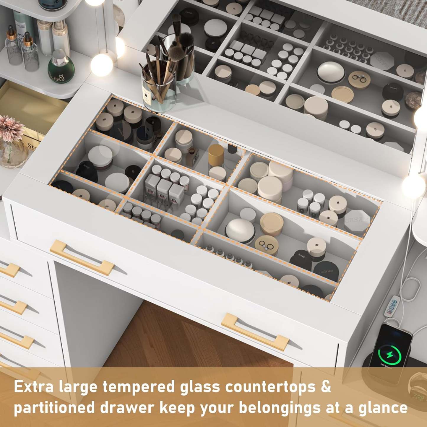 Tocador negro con espejo y luces LED, tocador con tapa de cristal con estación de carga y cajones de almacenamiento con compartimentos, mesa de tocador de maquillaje grande de 43 pulgadas con 9 cajones y 6 estantes