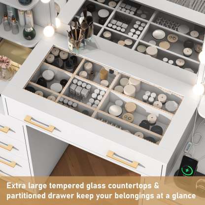 Tocador negro con espejo y luces LED, tocador con tapa de cristal con estación de carga y cajones de almacenamiento con compartimentos, mesa de tocador de maquillaje grande de 43 pulgadas con 9 cajones y 6 estantes