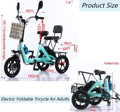 Triciclo eléctrico para adultos, neumático de 14 pulgadas, 3 ruedas, plegable, motor E, 48 V, 350 W, batería extraíble de 10.4 AH, pantalla LCD, bicicleta eléctrica todo terreno de tres ruedas,