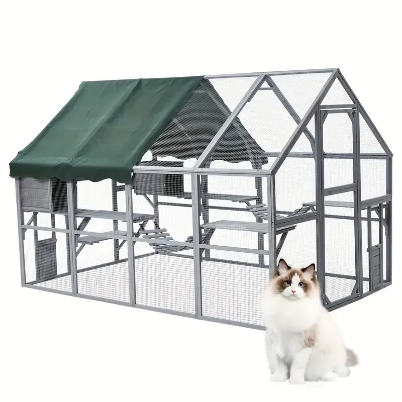 Gallinero de 110" para gatos, recinto grande para gatos, jaula de madera para gatos, conejera para conejos, casa para gatitos al aire libre con puentes, paseos, casitas, cubierta de techo.