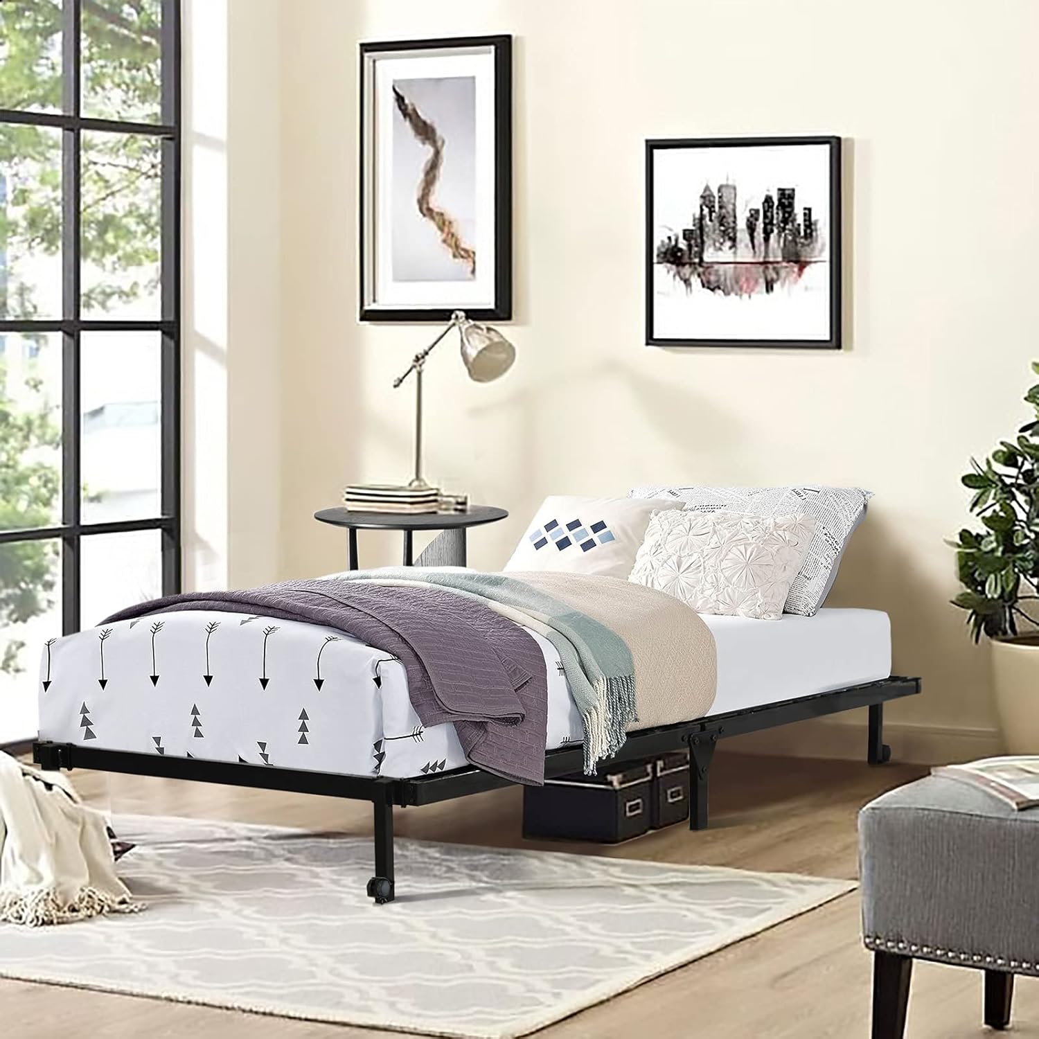 HOMEMAKE FURNITURE Marco de Cama de Metal, Cama Individual Plegable, Somier Individual Base de Cama, No Necesita Somier, Ahorra Espacio Almacenamiento, Negro