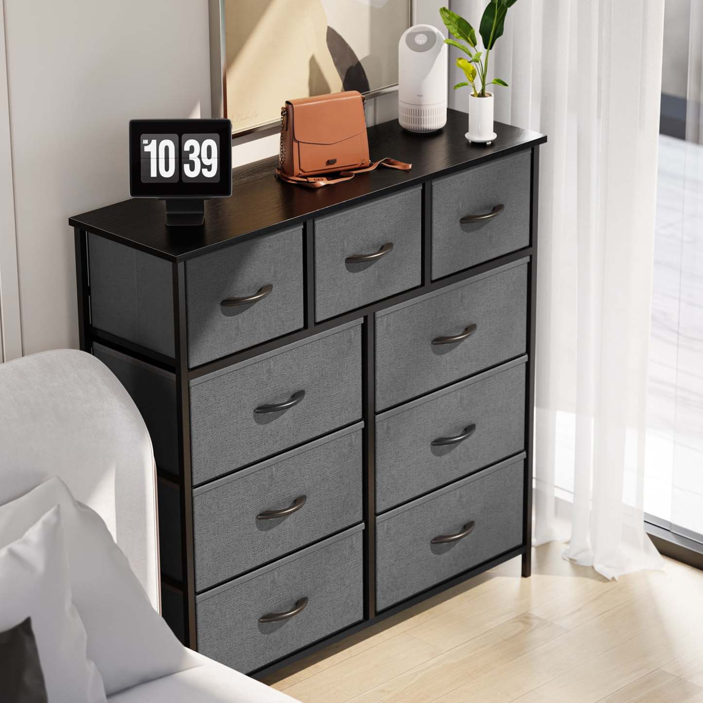 Yanming Cómoda de Tela con 9 cajones, Estructura de Acero y Tapa de Madera para Dormitorio, Armario, Entrada
