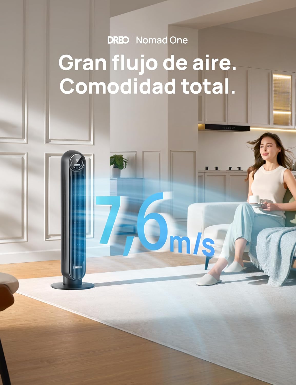 DREO Ventilador de Torre 92cm, 7,6m/s Ventilador Silencioso Habitación, Oscilación 90° Ventilador Portatil con 4 Velocidades y 4 Modos, Temporizador 8H, para Hogar y Oficina, Negro