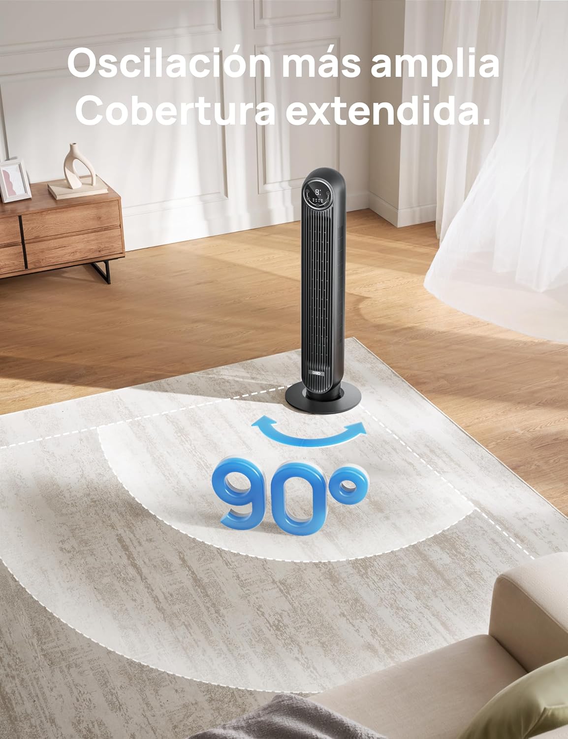 DREO Ventilador de Torre 92cm, 7,6m/s Ventilador Silencioso Habitación, Oscilación 90° Ventilador Portatil con 4 Velocidades y 4 Modos, Temporizador 8H, para Hogar y Oficina, Negro