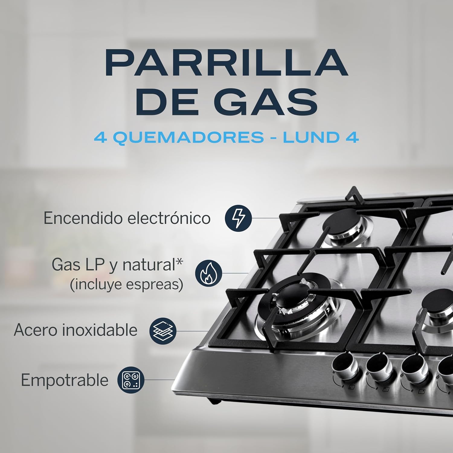 Parrilla De Gas Empotrable 4 Quemadores | Acero Inoxidable | Gas LP Y Gas Natural | Encendido Electrónico | Estufa De Mesa | Parrilla De Inducción | Fácil Limpieza