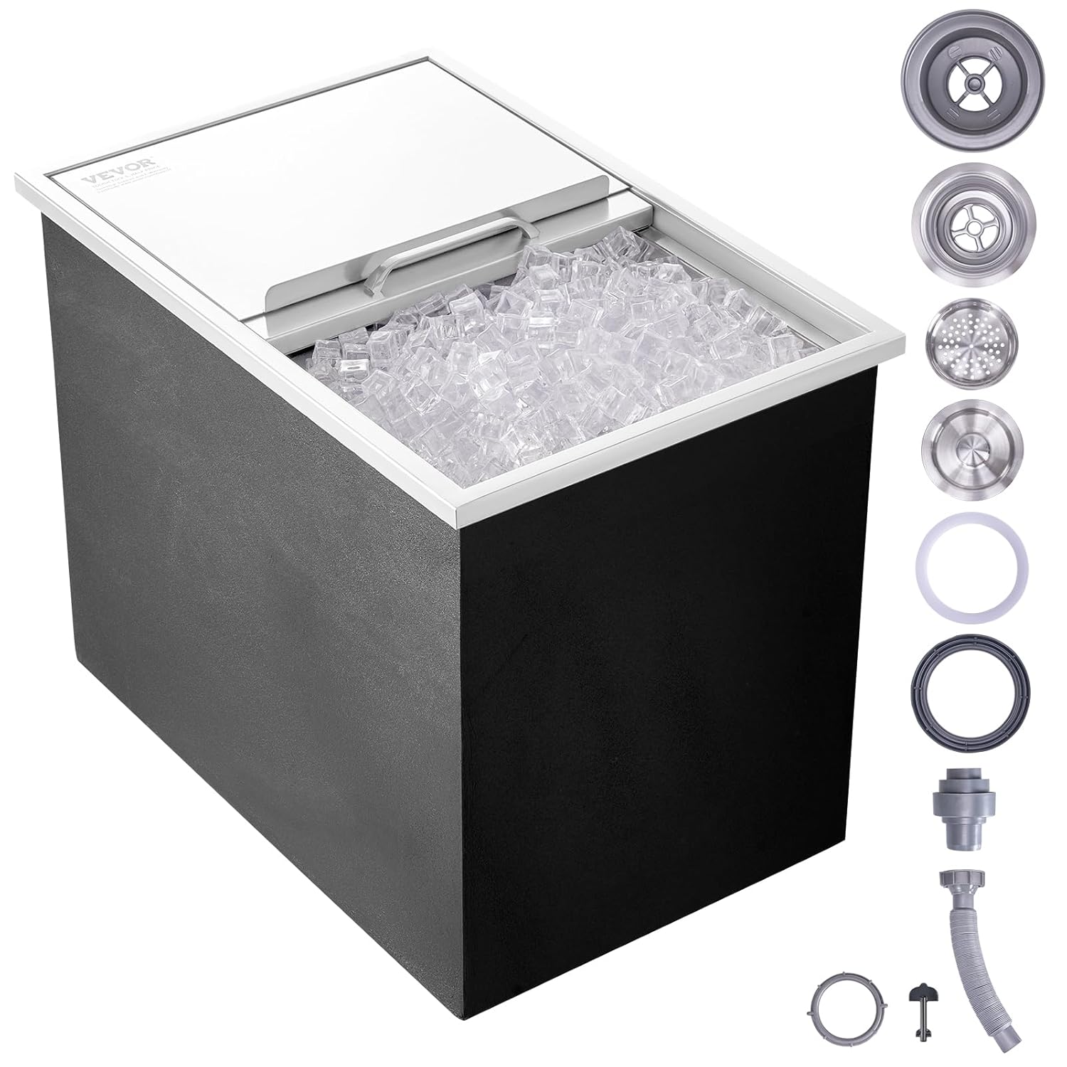 VEVOR - Cofre de Hielo de 20 Pulgadas de Largo x 16 Pulgadas de Ancho x 13 Pulgadas de Alto, Enfriador de Acero Inoxidable con Barra de Cubierta con bisagras, cubeta de Hielo de 40.9 Cuartos de galón