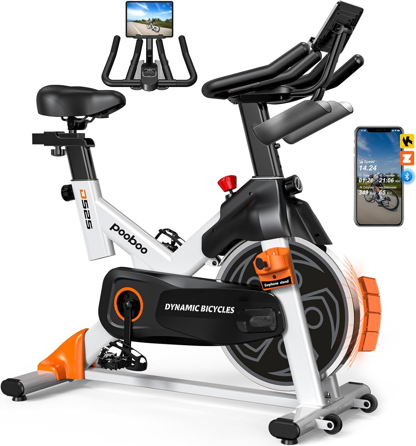 Pooboo - Bicicleta estática ajustable, magnética/almohadilla de freno, silenciosa transmisión por correa, bicicleta de ciclismo interior para el hogar, cardio, bicicleta estacionaria de fitness con