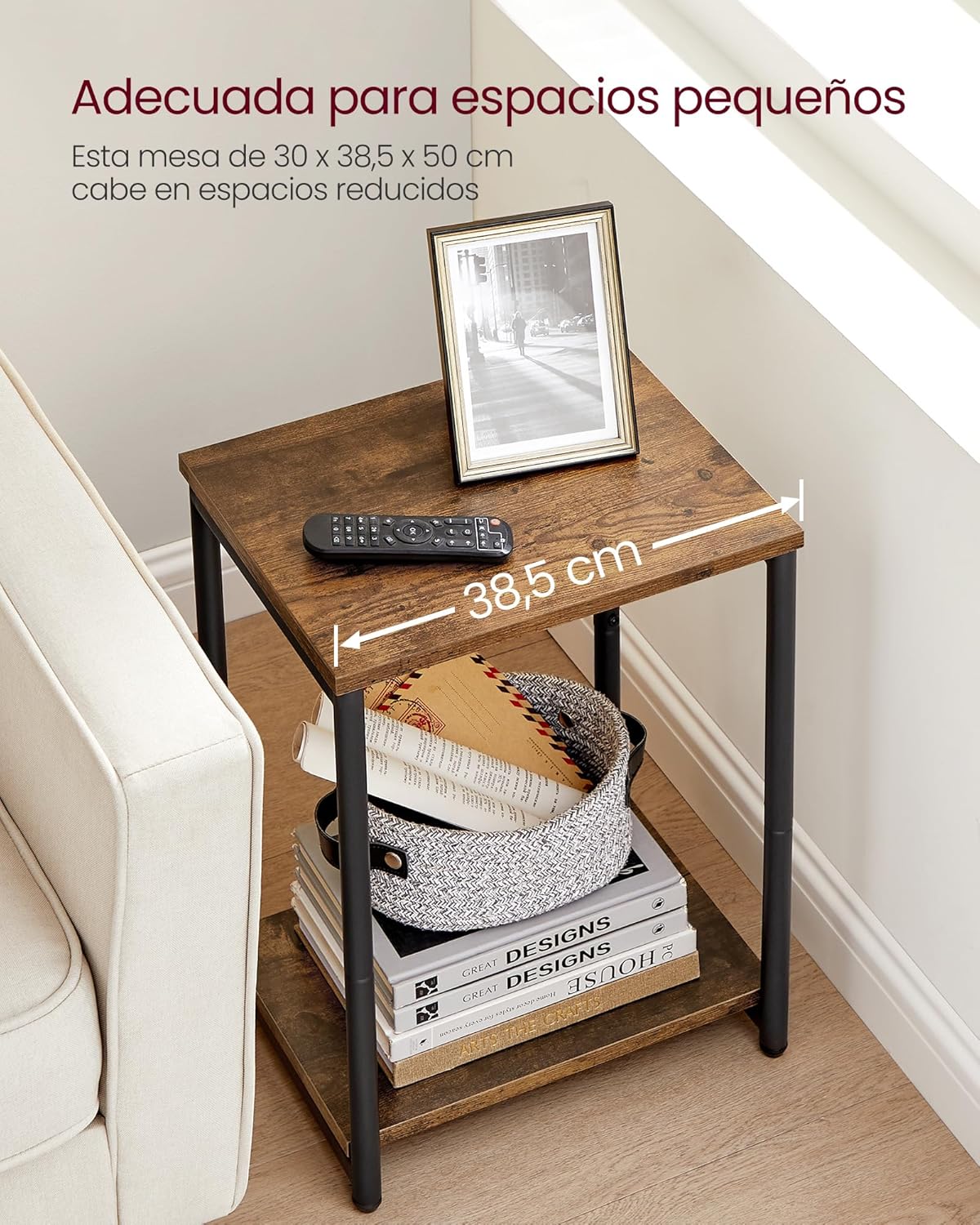 VASAGLE Mesas auxiliares, Juego de 2, Mesitas de Noche, con Estante de Almacenamiento, Marco de Acero, para Sala de Estar, Dormitorio, Estilo Industrial, Marrón Rústico y Negro MLET272B01