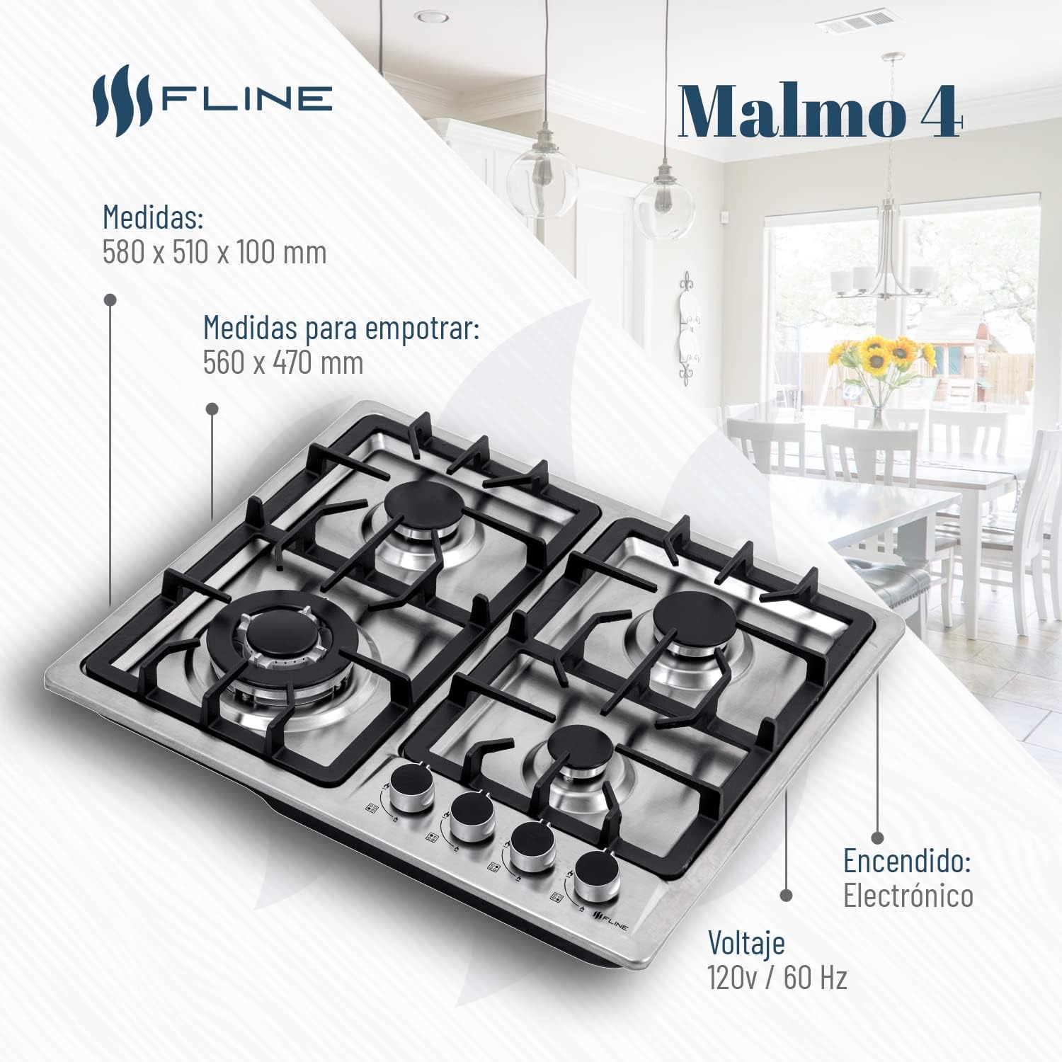 Parrilla De Gas Empotrable 4 Quemadores | Acero Inoxidable | Gas LP Y Gas Natural | Encendido Electrónico | Estufa De Mesa | Parrilla De Inducción | Fácil Limpieza