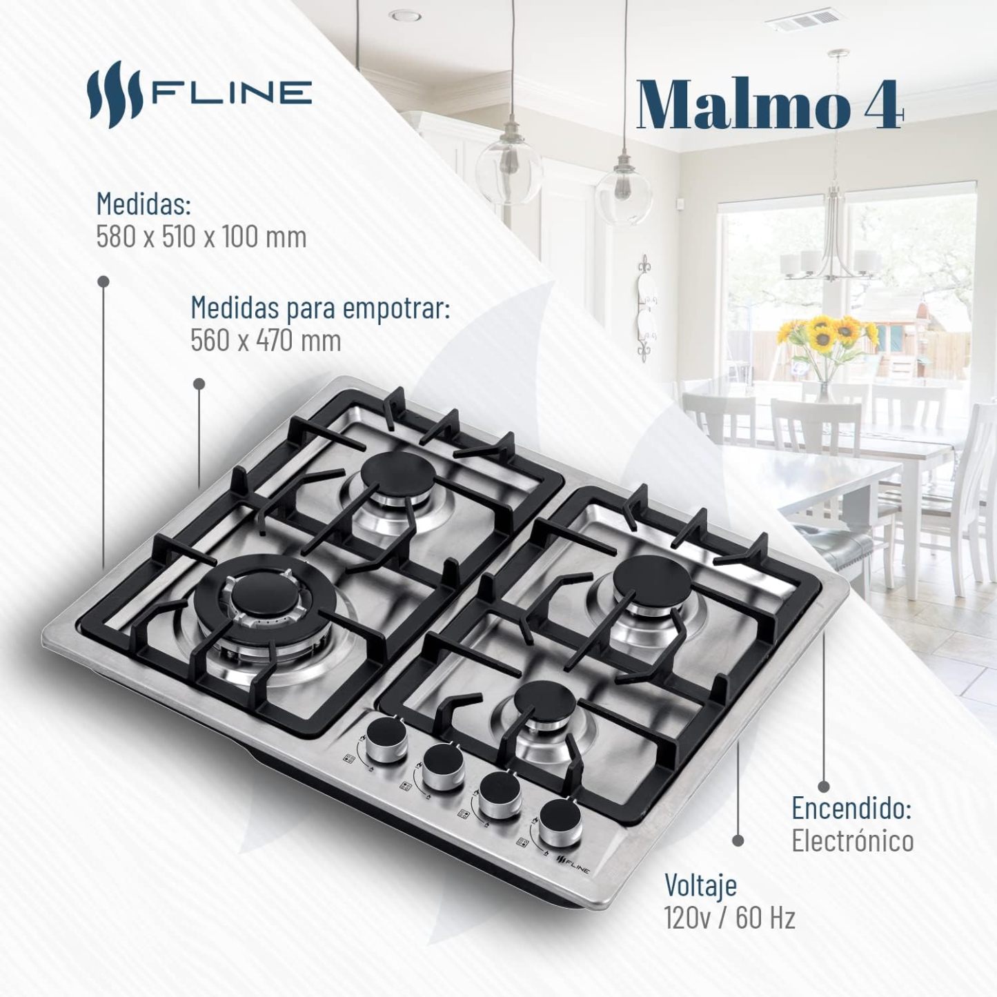 Parrilla De Gas Empotrable 4 Quemadores | Acero Inoxidable | Gas LP Y Gas Natural | Encendido Electrónico | Estufa De Mesa | Parrilla De Inducción | Fácil Limpieza