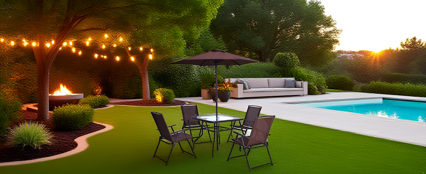 A bright garden terrace with blooming flowers and stone flooring under a clear blue sky, with the pr