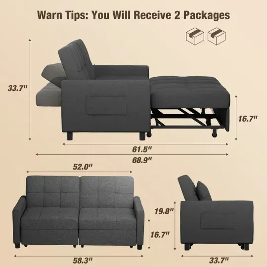 Sofá cama extraíble de 2 plazas, sofá cama convertible, sofá de 2 plazas de 58" con otomana independiente y respaldo ajustable, sofá cama 3 en 1, para sala de estar, apartamento pequeño, gris oscuro