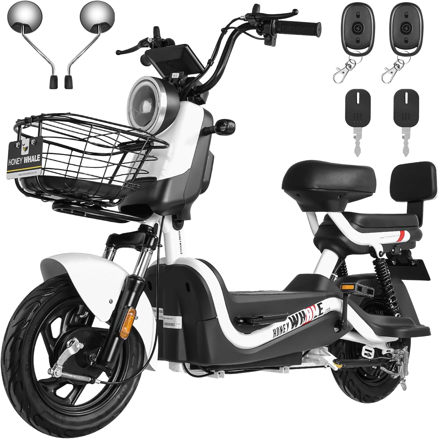 HONEYWHALE U3s Bicicleta eléctrica para adultos, bicicleta eléctrica con alarma, motor máximo 650W, velocidad máxima 31KM/H, autónoma 55-60KM, batería de gran capacidad 20AH, dos asientos----luces de coche
